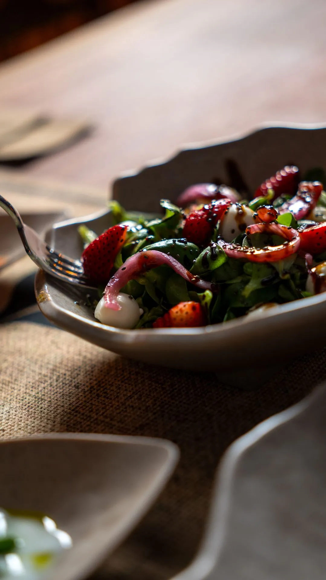Ein Blattsalat in einer Schale: rote Zwiebelringe, Mozzarellakugeln, Erdbeeren und Balsamico-Dressing