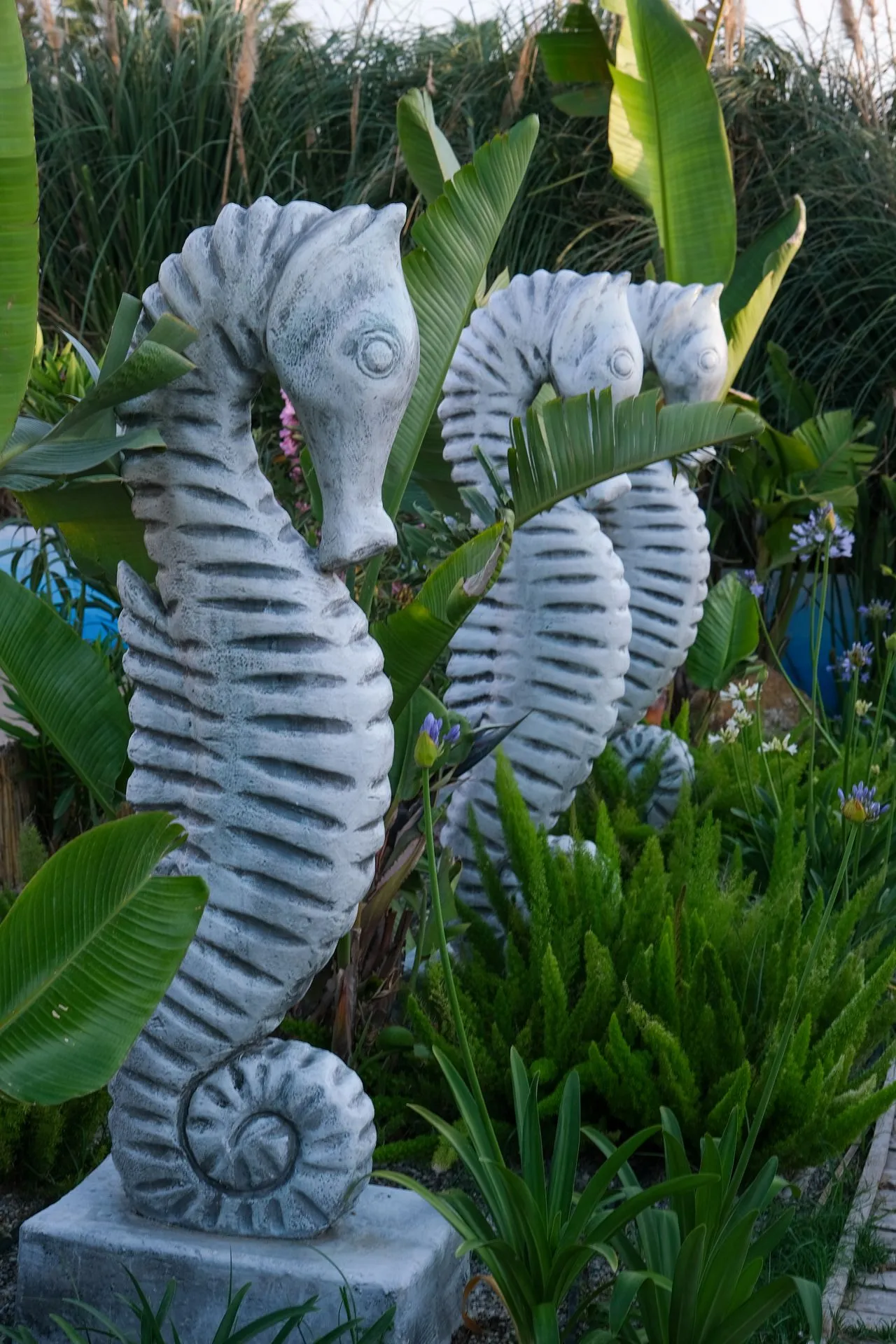 Drei Seepferdchenskulpturen zwischen Bananenblättern und Agapanthus im Garten